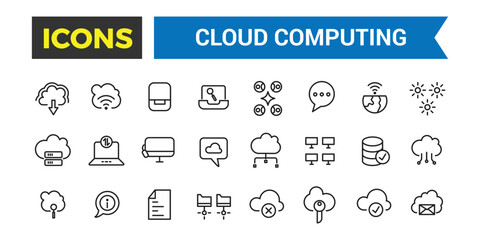 Poster - Cloud Computing Thin Line Icons Set, Cloud Services, Server, Cyber Security, Concepts Included, Outline Style Icon Collection, Editable Stroke
