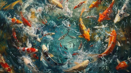 Wall Mural - koi fish feeding frenzy in a pond, with colorful fish eagerly swarming to devour floating fish pellets, creating a captivating spectacle.