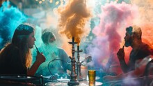 Colorful Smoke Swirling Around A Group Of Friends Enjoying A Hookah Session At A Vibrant Outdoor Lounge.
