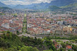General view of the city of Grenoble from La Bastille hill and fortress with Vercors slopes in the background
