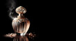 Perfume bottle on the table Perfume widely used to ensure a pleasant and lasting smell is a mixture of substances such as aromatic essential oils alcohol , generative  ai