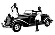 Pinup Girls and Vintage Car. Black and white vector illustration isolated on white.