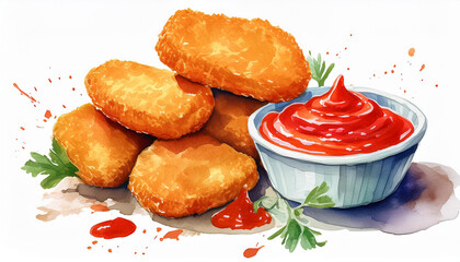 Wall Mural - Watercolor painting of chicken nuggets and tomato sauce. Tasty fast food. Delicious meal. Hand drawn