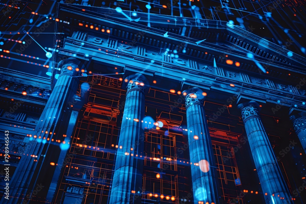 Classical architecture with digital elements, showcasing a traditional building overlaid with a network of glowing digital connections, symbolizing the intersection of history and modern technology