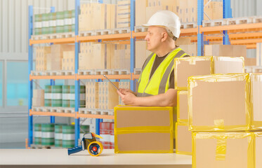 Poster - Man in retail warehouse. Product packaging specialist. Storekeeper stands near table with boxes. Retail warehouse with multi-tiered shelves. Distribution center. Male warehouse employee