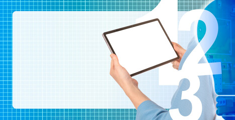 Poster - Electronic tablet in hands. Gadget with blank white screen. Researcher tablet computer. Copy space. Light bulb as metaphor for innovative ideas. Mock up of tablet gadget. Application space