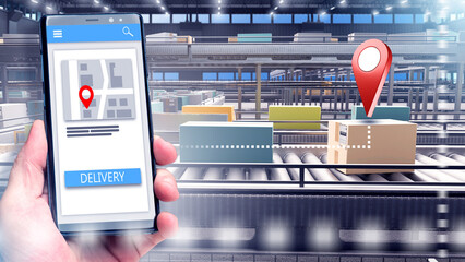 Poster - Delivery tracking. Phone near conveyor belt. Tracking movement of parcel. Mobile application for courier company. Delivery tracking technologies. Courier website on your phone. Logistics delivery