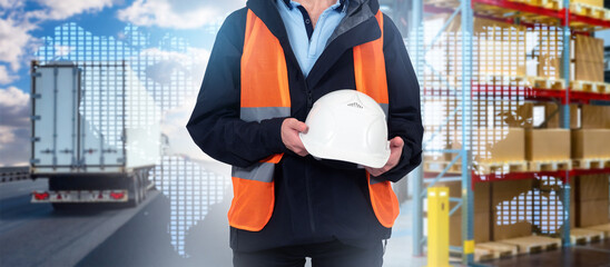 Poster - Logistics business. Helmet in hand logistician. Cropped man near truck for cargo transportation. Racks with boxes inside fulfillment center. Fragment logistics map of world. Shipment, transportation