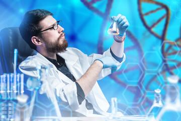 Poster - man geneticist with test tube in hand. dna chain near guy. laboratory studies technician genome. gen