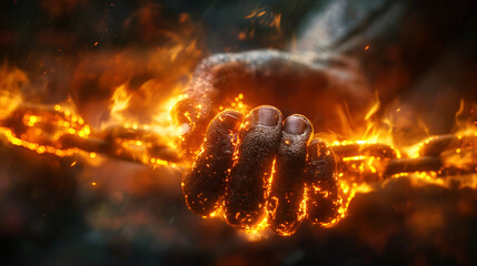 Wall Mural - Closeup of a hand holding metal chains on fire, depicting risk taking, determination and life obstacles