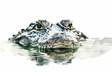 A crocodile lies motionless in water, eyes just above the surface, minimal watercolor style illustration isolated on white background
