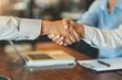 © alsyed - Top view hands of agent and client shaking hands after signed contract buy new apartment,A shot from either side of a desk where the candidate and interviewer are extending hands,Two pro. Generated AI