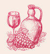 Jug of wine drink with glass and bunch of grapes. Still life sketch. Vector illustration in artistic drawing style