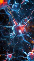 Poster - Generative AI : Neurons and cells from a microscopic perspective, biotechnology feel, rich colors, black background