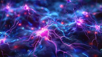 Poster - Generative AI : visualization of a complex neural network of human neurons inside a brain, indigo blue and violet colors