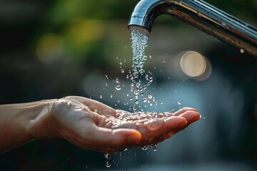 Aufkleber - Generative AI : a faucet from which only a few small drops of water are coming out, and a hand is trying to catch them.