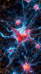 Poster - Generative AI : Neurons and cells from a microscopic perspective, biotechnology feel, rich colors, black background