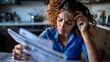 Stressed woman reviewing bills at home feeling overwhelmed with financial responsibilities. Concept Financial stress, Overwhelmed, Bills, Home, Woman