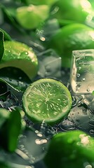 Poster - Generative AI : green lemon and water, ice cubes
