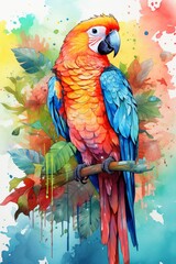 Naklejka na meble A watercolor painting of a parrot. The parrot is sitting on a branch, with its head turned to the side. The parrot has bright, colorful feathers.