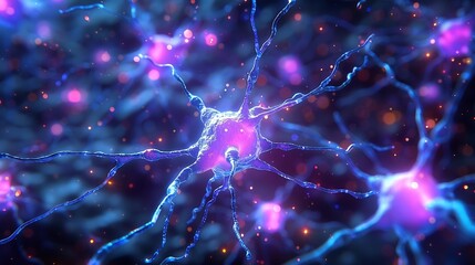 Poster - Generative AI : visualization of a complex neural network of human neurons inside a brain, indigo blue and violet colors