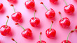 © Design Resources - red cherries, close-up, simple soft pink background, isometric, top view, smooth pink background banner