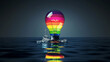 Rainbow-colored lightbulb floating on water with splash.