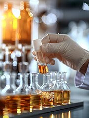 Poster - Generative AI : perfumer is mixing perfume with a test tube. Perfumer holding small test tube in hand，