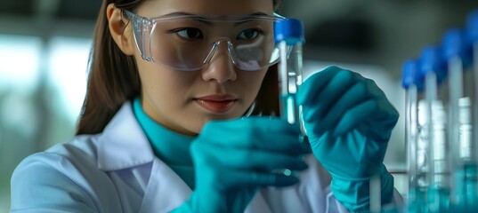 Poster - Generative AI : female scientist holding a test tube with a solution in gloves in a research lab
