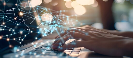 Poster - Closeup of hands typing on laptop with digital connections and network in background, concept for online business or technology use it, banner design with copy space area. ,copy space, High quality, +