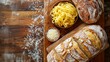 Gourmet bakery selection with crisp bread and egg noodles presented on an old-world wood plank for a culinary portrait
