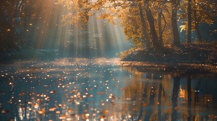 Wall Mural - Sunlight filtering through autumn trees by a tranquil lake at golden hour