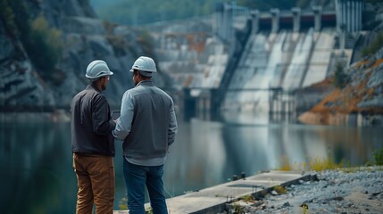 Aufkleber - Generative AI : two engineers wearing white engineer hat discussing on a tablet, standing on the water dam