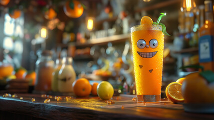 Wall Mural - A cute lemon drink with eyes and mouth sitting on the bar counter in an old fashioned pub-Enhanced