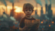 Cinematic shot of a cute kid holding a newspaper, standing in front of an industrial city about Climate Change-Enhanced