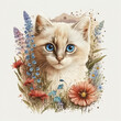 Blue-Eyed Flame Point Siamese Kitten Amidst a Blossoming Floral Garden, artistic ilustration wild flower white cat innocent adorable pet purple lavender daisy