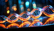 A vibrant DNA strand illuminated, showcasing the intricate helical structure amidst a bokeh background