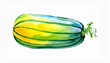 A lush watercolor squash with green and yellow stripes, accented by delicate tendrils