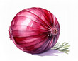 A vivid watercolor of a red onion with green herbs, showcasing artistry and freshness