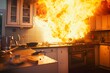 a chaotic kitchen scene with a raging fire bursting from a cooking pan on the stove, resulting in a dramatic inferno.