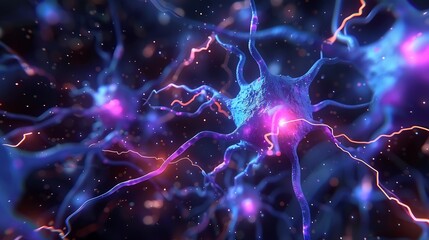 Poster - Generative AI : visualization of a complex neural network of human neurons inside a brain, indigo blue and violet colors