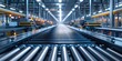 Automated logistics facility, conveyor belts and sorting robots, close-up, digital photography, motion blur