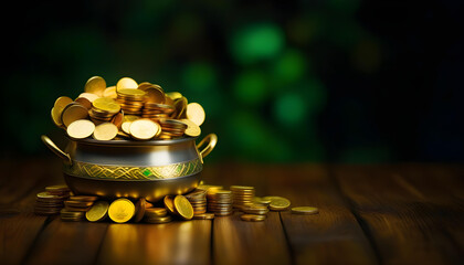 Wall Mural - A pot filled with gold coins, with a rainbow in the background and clovers scattered around it