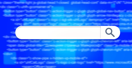 Poster - Search bar with magnifying glass. Searchbar for website. Search bar on blue background. Concept engine for information retrieval system. Searchbar for your caption. Empty search line. 3d image