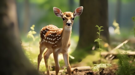 Wall Mural - Sika deer fawn in the forest. Wildlife scene from nature.