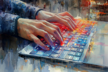 Wall Mural - Human hands typing on keyboard of laptop. Watercolour illustration. Selective focus. Future technology concept 