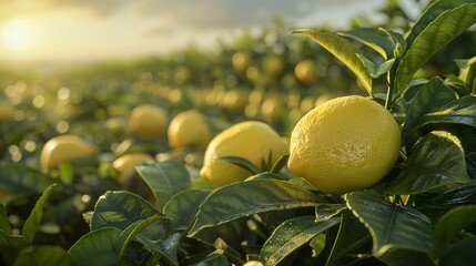 Wall Mural - Vibrant lemon field under midday sun with sharp contrasts, casting bold shadows and highlights on the textured citrus and foliage.