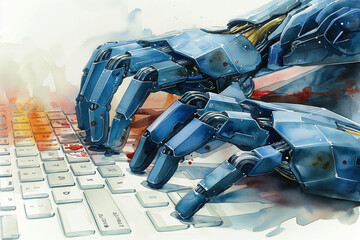 Wall Mural - Watercolour illustration of dark blue robot hands typing on white keyboard. Selective focus. Future technology concept 