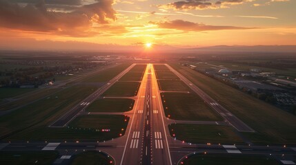 airport runway in the evening sunset light, ready for airplane landing or taking off