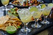 three margaritas with salted rim and lime garnish, on a black slate platter, with Mexican food in the background